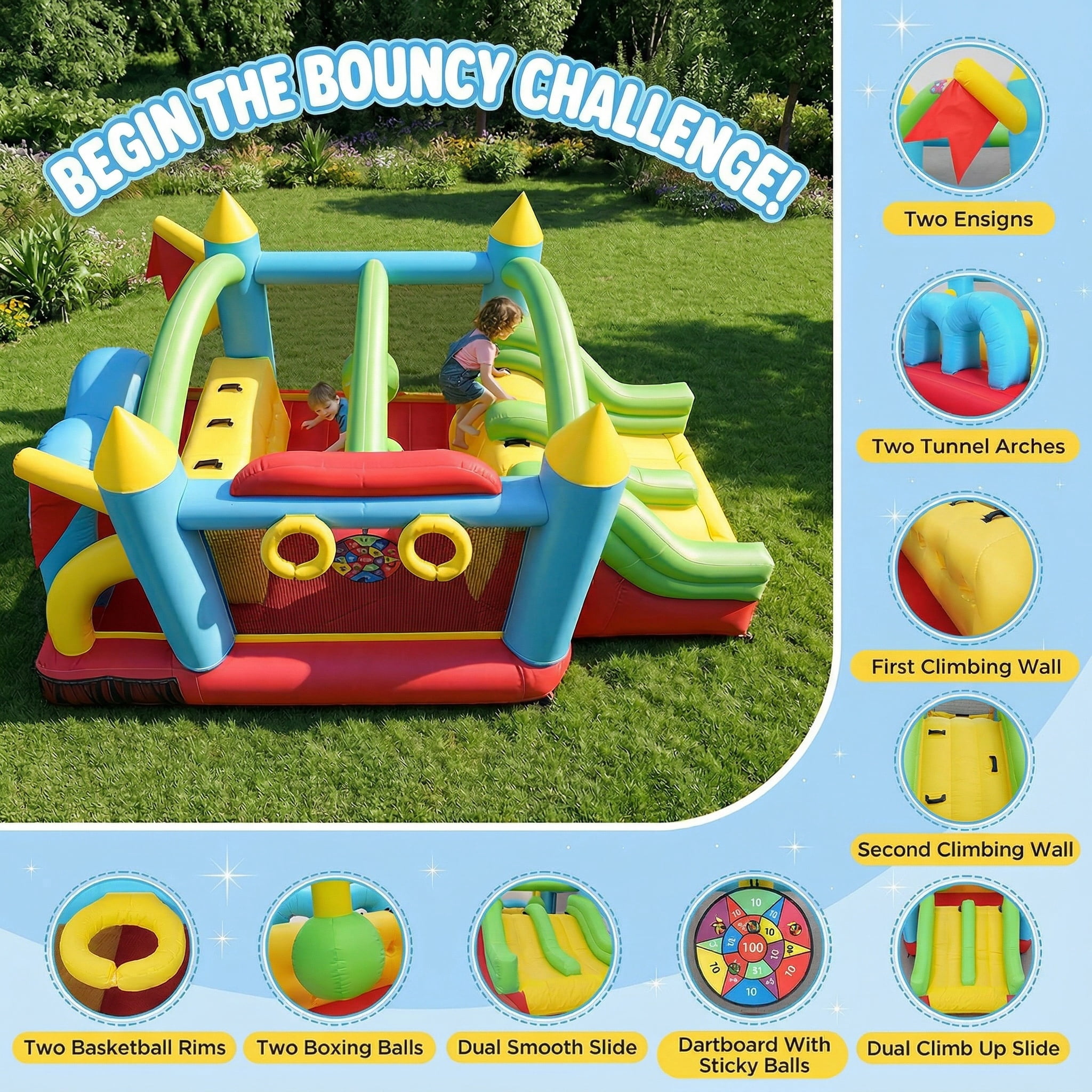 Adnoom Inflatable Obstacle Course Bounce House for Kids 3-12, 7-in-1 Jumping Castle with 550W Blower, Patio Bouncy House w/Dual Tunnels, Double Slides, Basketball Hoops, and Climbing, Indoor/Outdoor