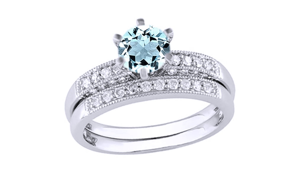 Simulated Aquamarine Cubic Zirconia & White Natural Diamond Wedding Ring Set In 10k Solid Gold By Jewel Zone US (0.33... by Jewel Zone US