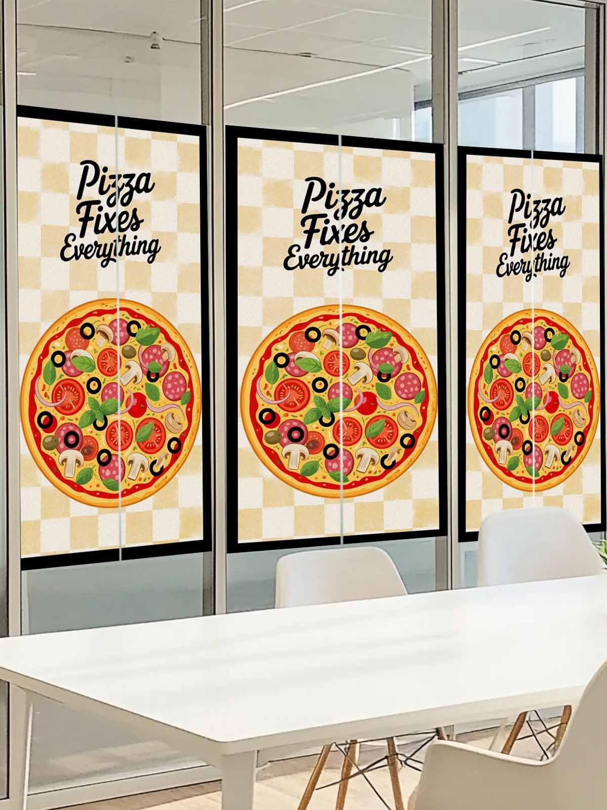 Pizzas Window Privacy Film, Retro Pizzas Art Vintage Yellow Plaid Black Borderlines Frosted Glass Window Clings Static Cling UV Heat Blocking Reusable Door Sticker for Bathroom 23.6 x 59 Inch