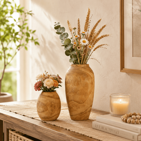 MEHOOM 2Pcs Wooden Flower Vases with Glass Liner, Paulownia Home Decor Vase for Farmhouse Rustic Vintage Living Room Kitchen Bedroom, House Book Shelf Office Coffee Desk Dining Fireplace (6"&11")