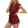 thumbnail image 1 of AherBiu Boho Tops for Women Eyelet Hole Button Down Shirts Cap Sleeve Drawstring Waist Ruffle Flowy Shirt, 1 of 5