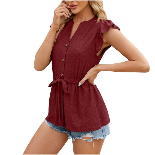 AherBiu Boho Tops for Women Eyelet Hole Button Down Shirts Cap Sleeve Drawstring Waist Ruffle Flowy Shirt