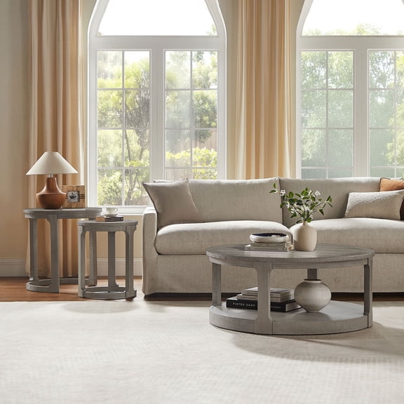 FFZ 2-Tier Round Coffee Table Set with Side Table and Wheels, 40 inch, Light Brown