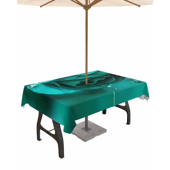 Outdoor Tablecloth with Umbrella Hole for Patio/Picnic/Party/Camping, Green Rose Waterproof Table Cloth Rectangle Table Cover Washable, Elegance Fantasy Flowers Romantic 52"x 70"