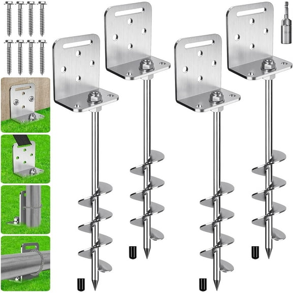 2/4/6 Pack 18" 24" Ground Anchors Screw in Shed Earth Anchor Stakes Set with L Bracket Trampoline Anchor Spiral Swingset Anchors for Swing Set, Fence, Tent, Mobile Home, Canopy, Carport, Playset