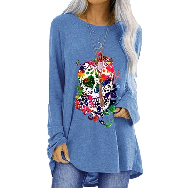 MAWCLOS Femmes Longline Haut Bas Ourlet Quotidien Crâne Imprimé Tunique Blouse Bleu M