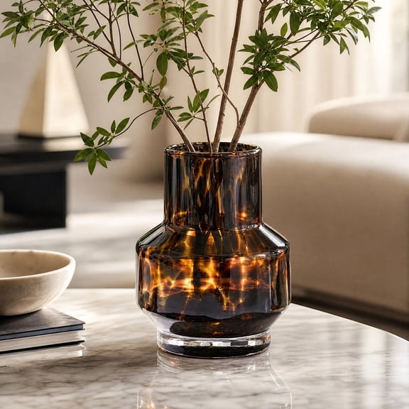 Leopard Pattern Glass Vase, Amber Glass Vase, Modern Decorative Glass Flower Vase, for Home, Tabletop, Living Room, Office Decor