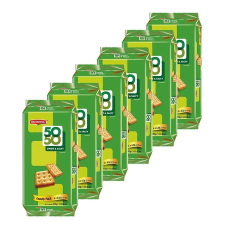 Britannia Crackers 50 50 Sweet and Salty Biscuit 13.12oz (372g) - Delicious, Light & Crispy Grocery Cookies - Best Treat for Friends & Family (Pack of 6)