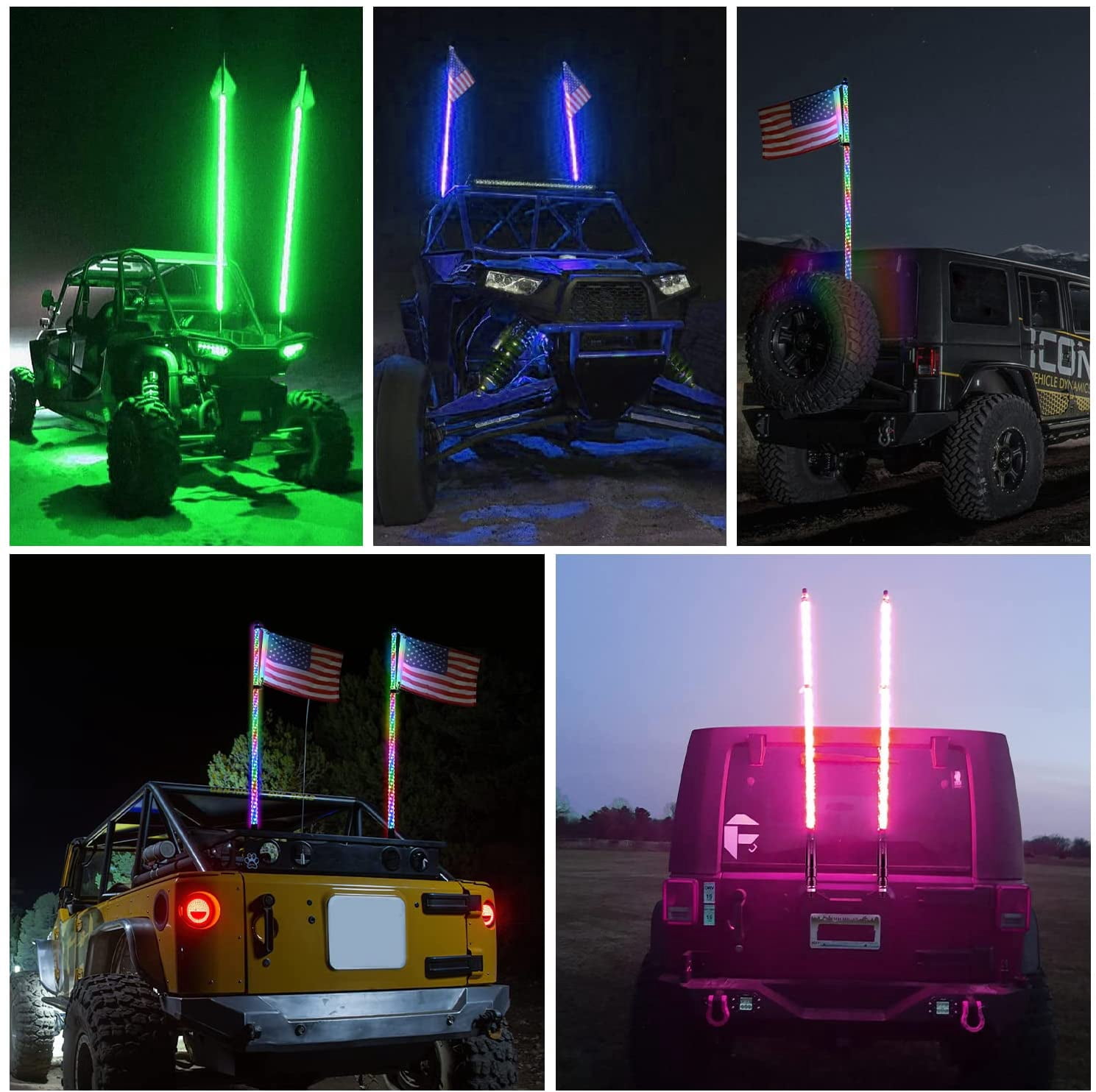 Nilight RGB Waterproof 4FT Spiral LED Whip Light 2 Pack with Strobe & Remote for ATV UTV RZR Polaris Jeep Truck