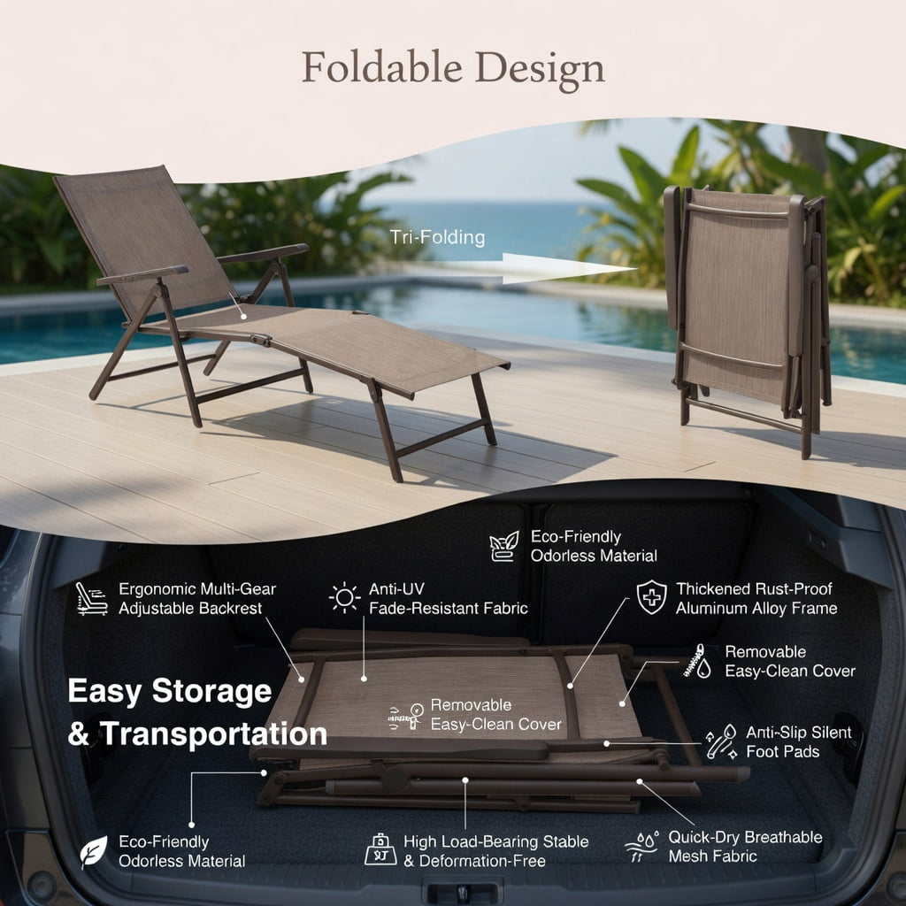 Hommoo 2-Pack Foldable Chaise Lounge Chair with 5-Position Reclining Backrest & 2-Position Adjustable Footrest, Steel Frame Outdoor Patio Lounger, Brown