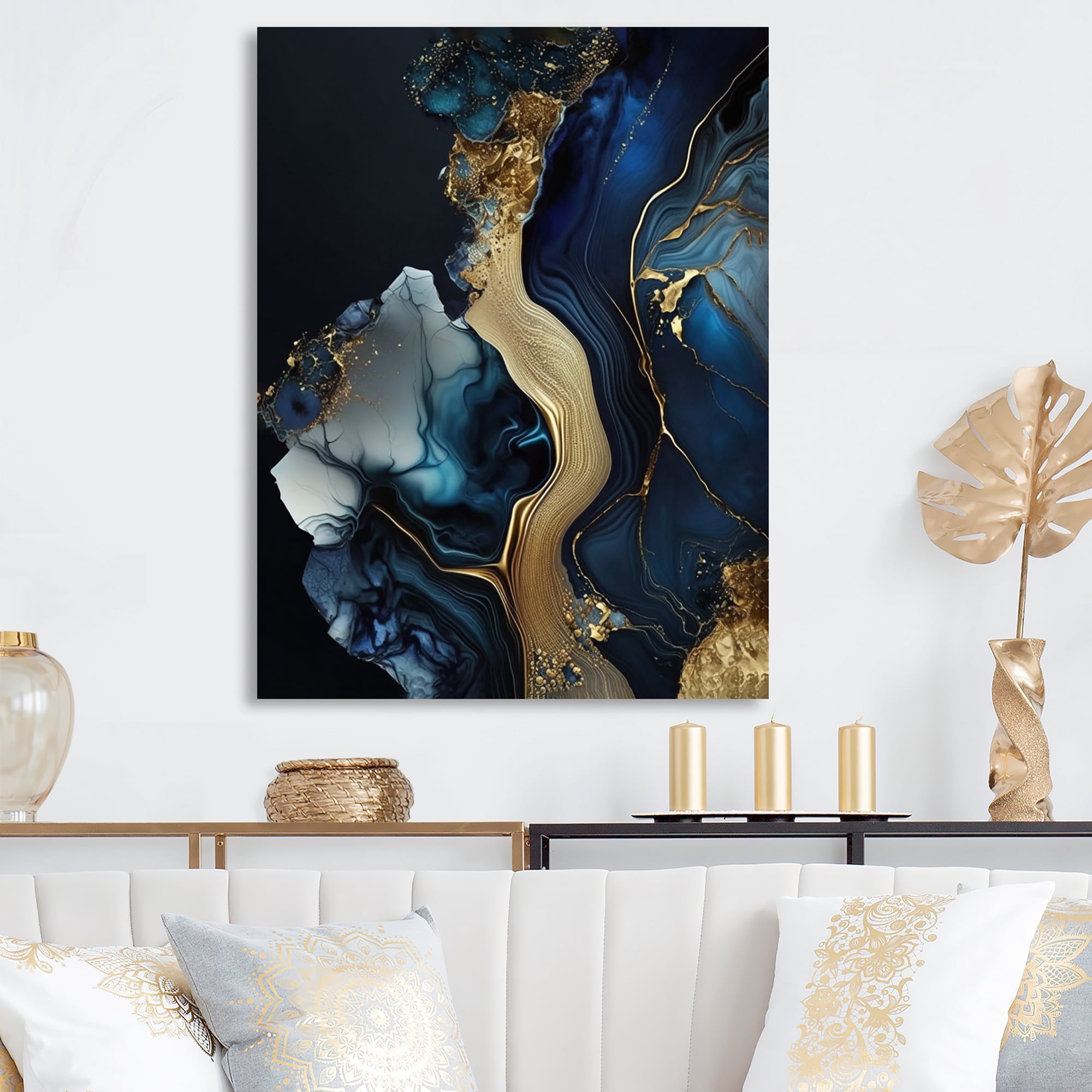 Designart Abstract Geode Gold And Blue Marble V Canvas Wall Art