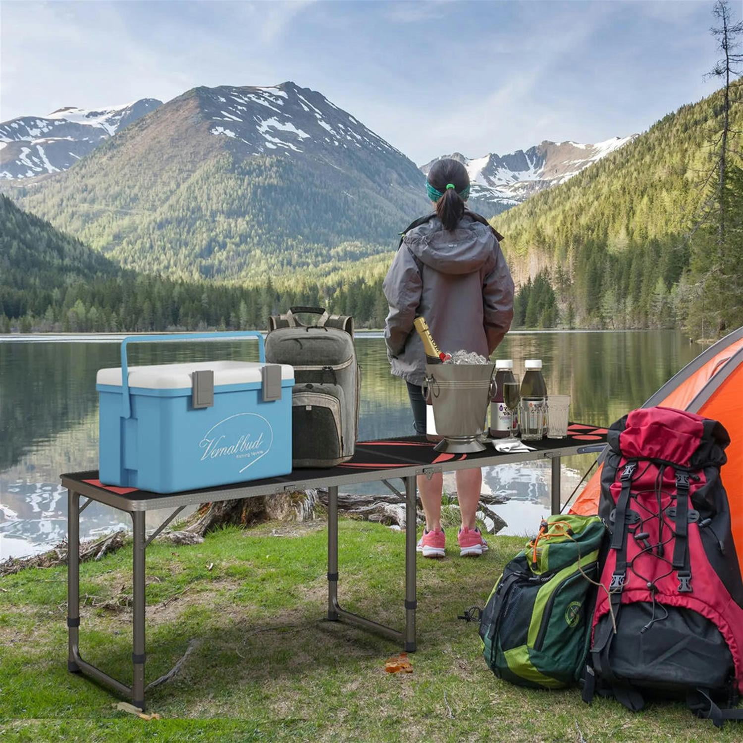 Demi Bonn Outdoor Aluminum Folding Table with Adjustable Legs, 8ft Picnic Table for BBQ, Beach, Hiking, Blue