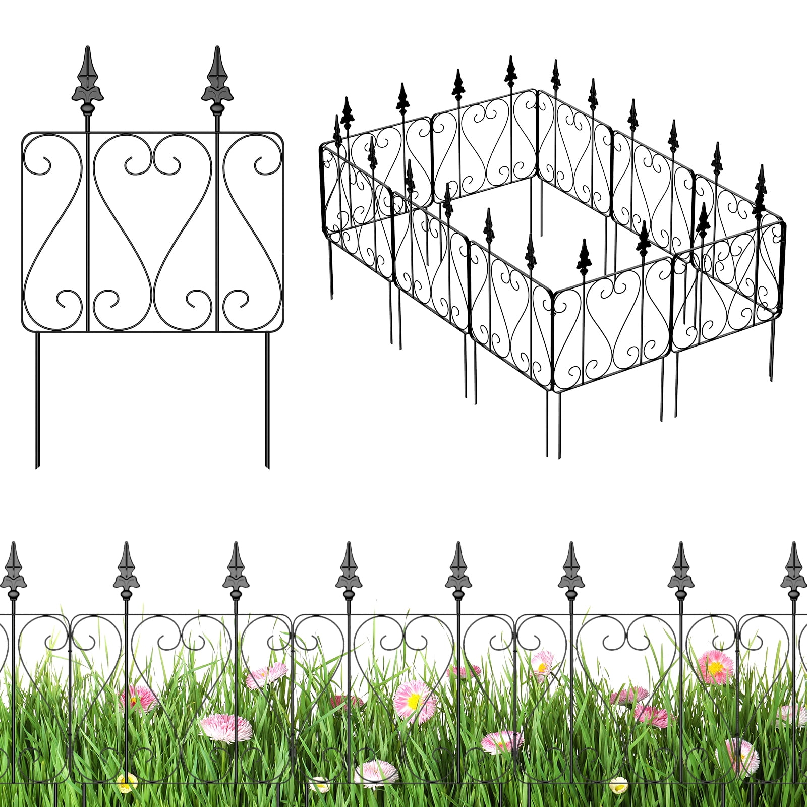 Oumilen 23.5 "H x 10 Ft Square No-Dig Decorative Garden Fence Animal Barrier with Patterned Round Wire