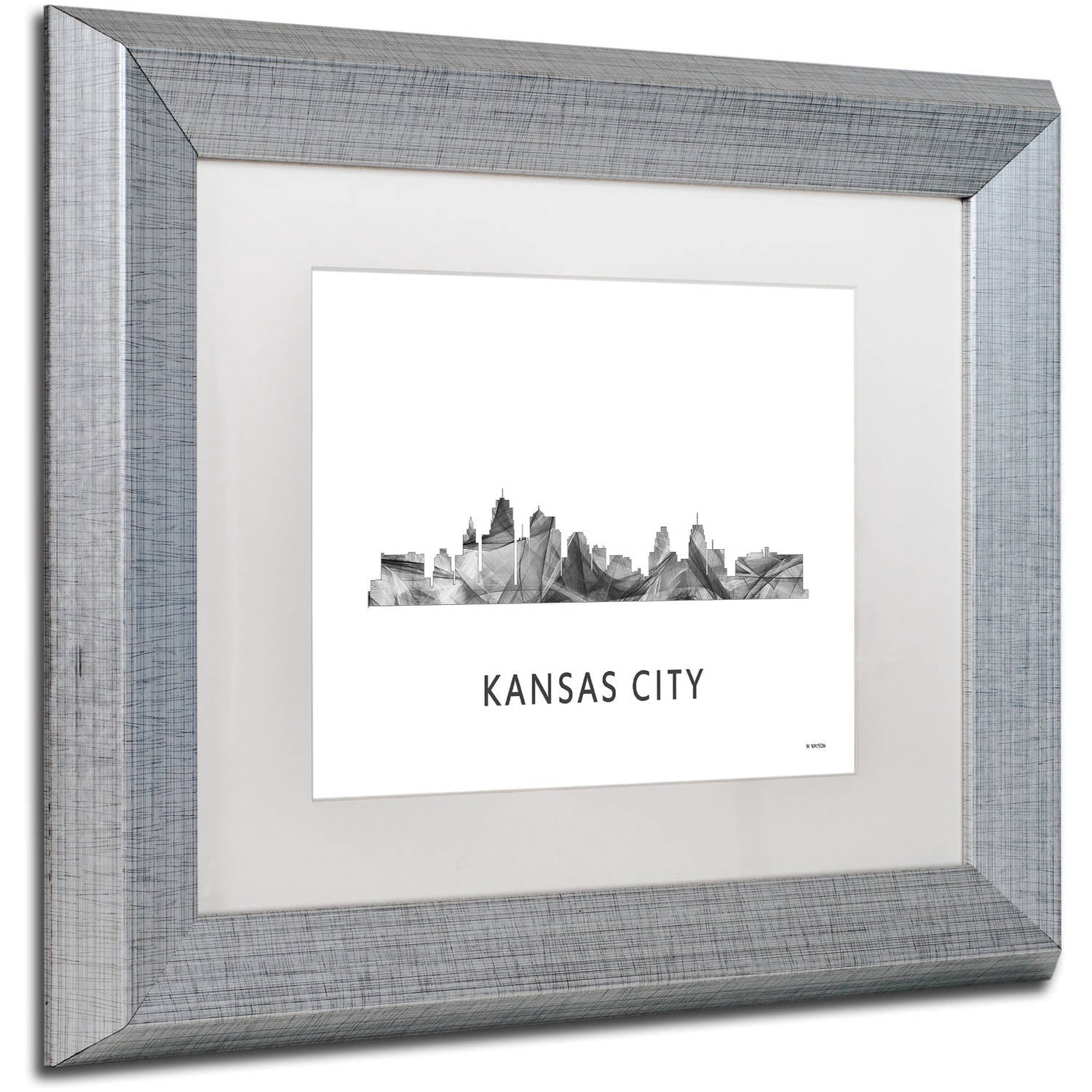 Trademark Fine Art 'Kansas City Missouri Skyline WB-BW' Canvas Art by Marlene Watson, White Matte, Silver Frame