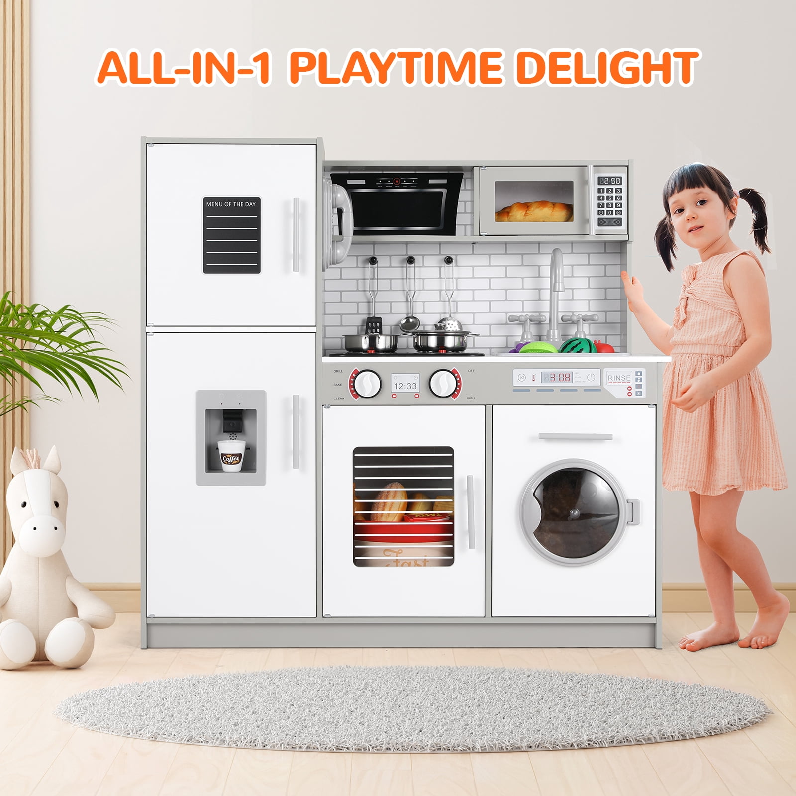 LAZY BUDDY Play Kitchen for Kids, Wooden Chef Pretend Toy Kitchen with Washing Machine, Water Dispenser, Stove, Real Sound & Light, Telephone, Range Hood, Oven