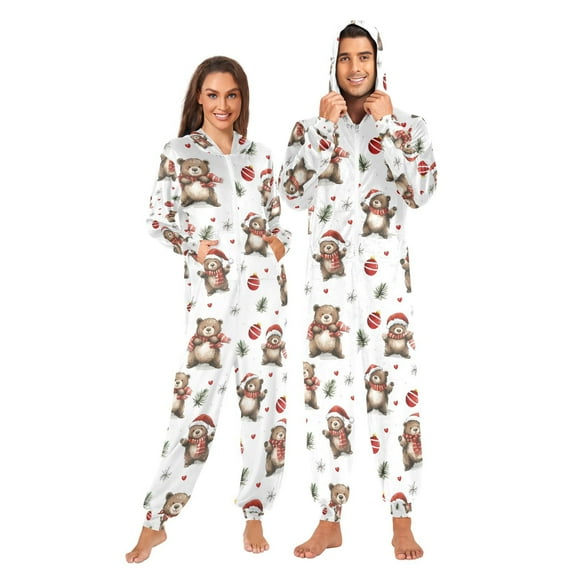 Adult Christmas Onesie Christmas Teddy Bear Hat Pattern Zipper One-Piece Pajamas Unisex with Pockets