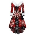 thumbnail image 2 of Christmas Dresses for Women Women's Fashion V-neck Casual Fit Christmas Print Party Long Sleeve Dress with Fur for Festive Occasion,Red,XL, 2 of 5
