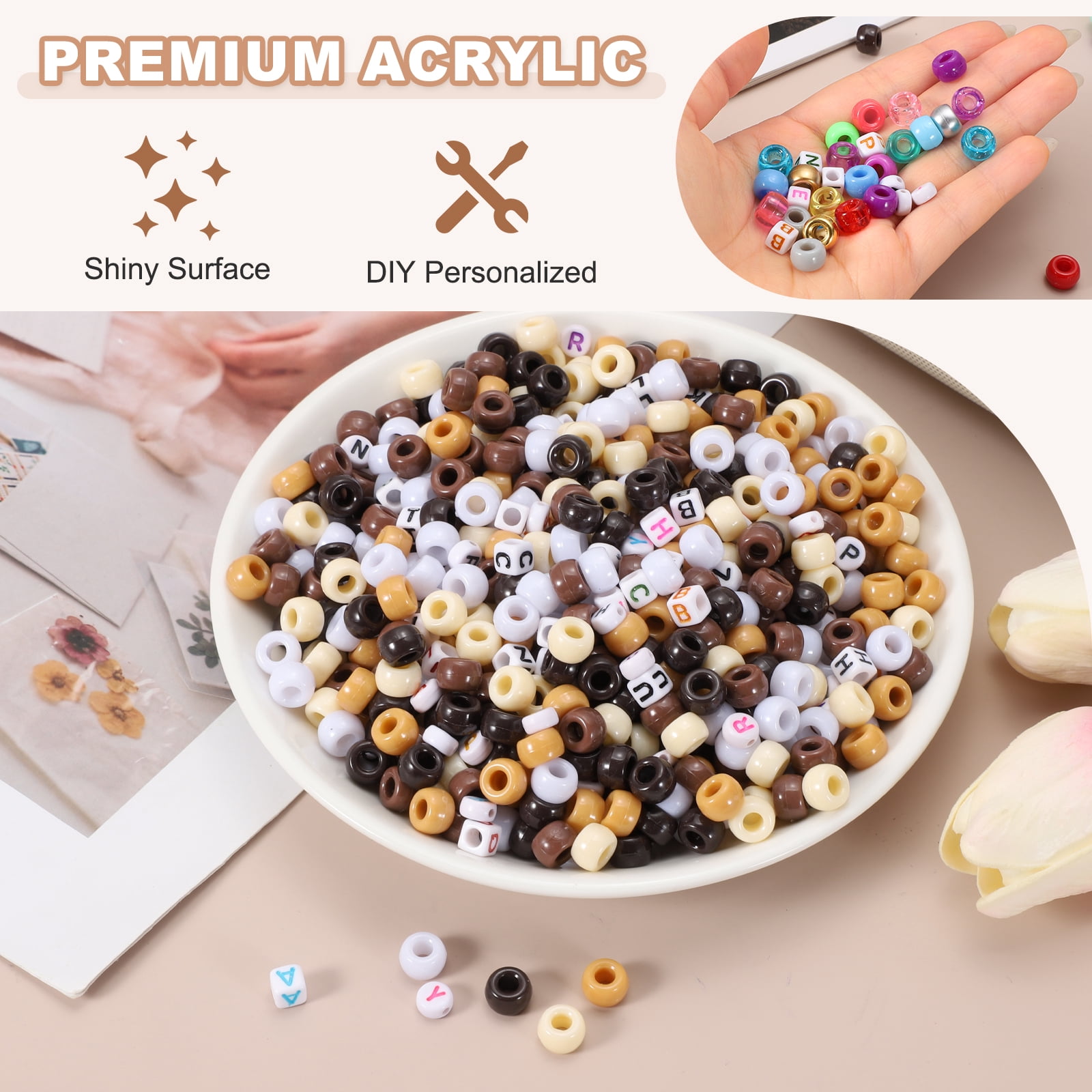 Uxcell 1000 Pcs Pony Beads 6 x 9 mm Acrylic Friendship Bracelet Making Kit with Letter Bead, Brown