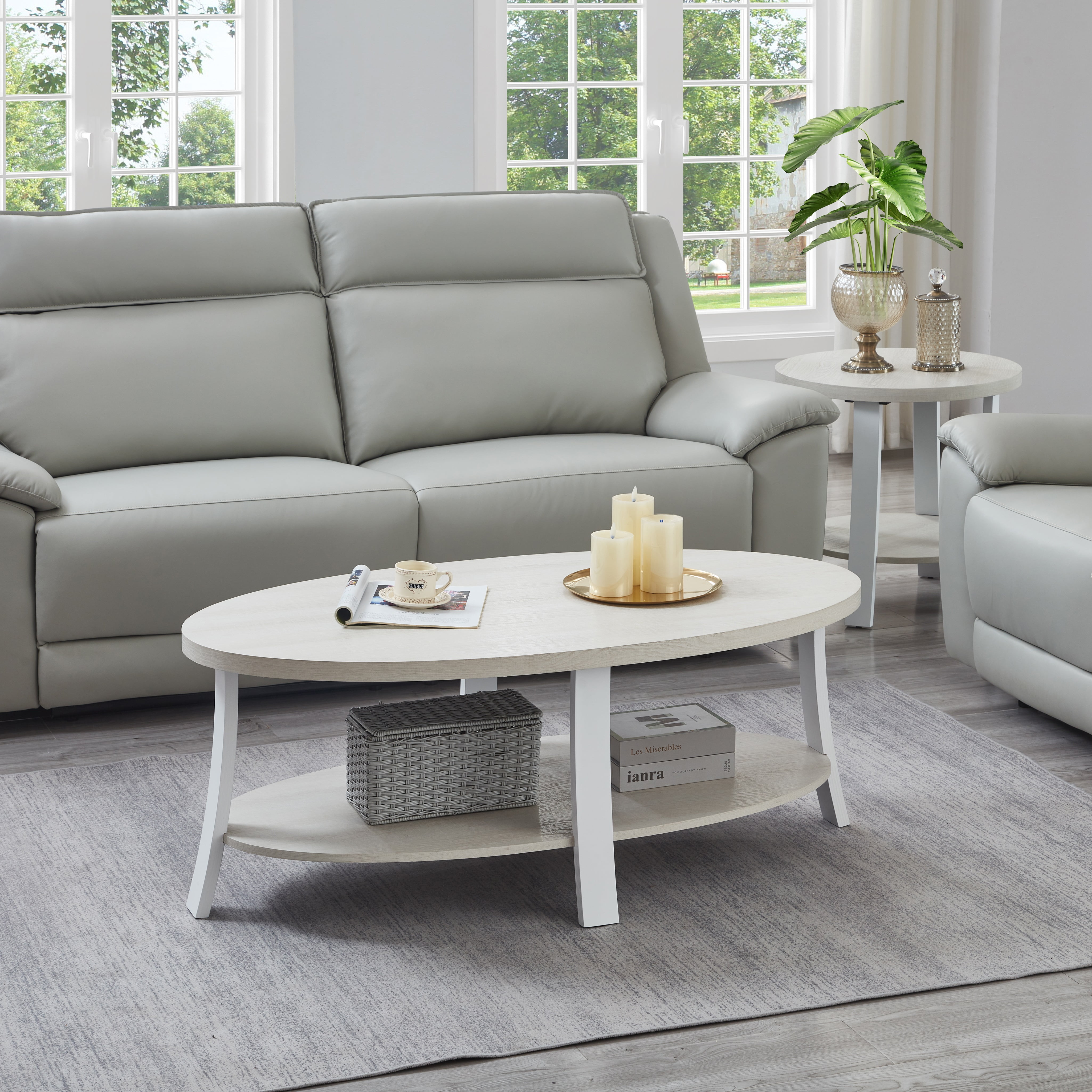 Roundhill Furniture Anze Living Room Contemporary Oval Wood Shelf 3-Piece Coffee Table Set in White Finish