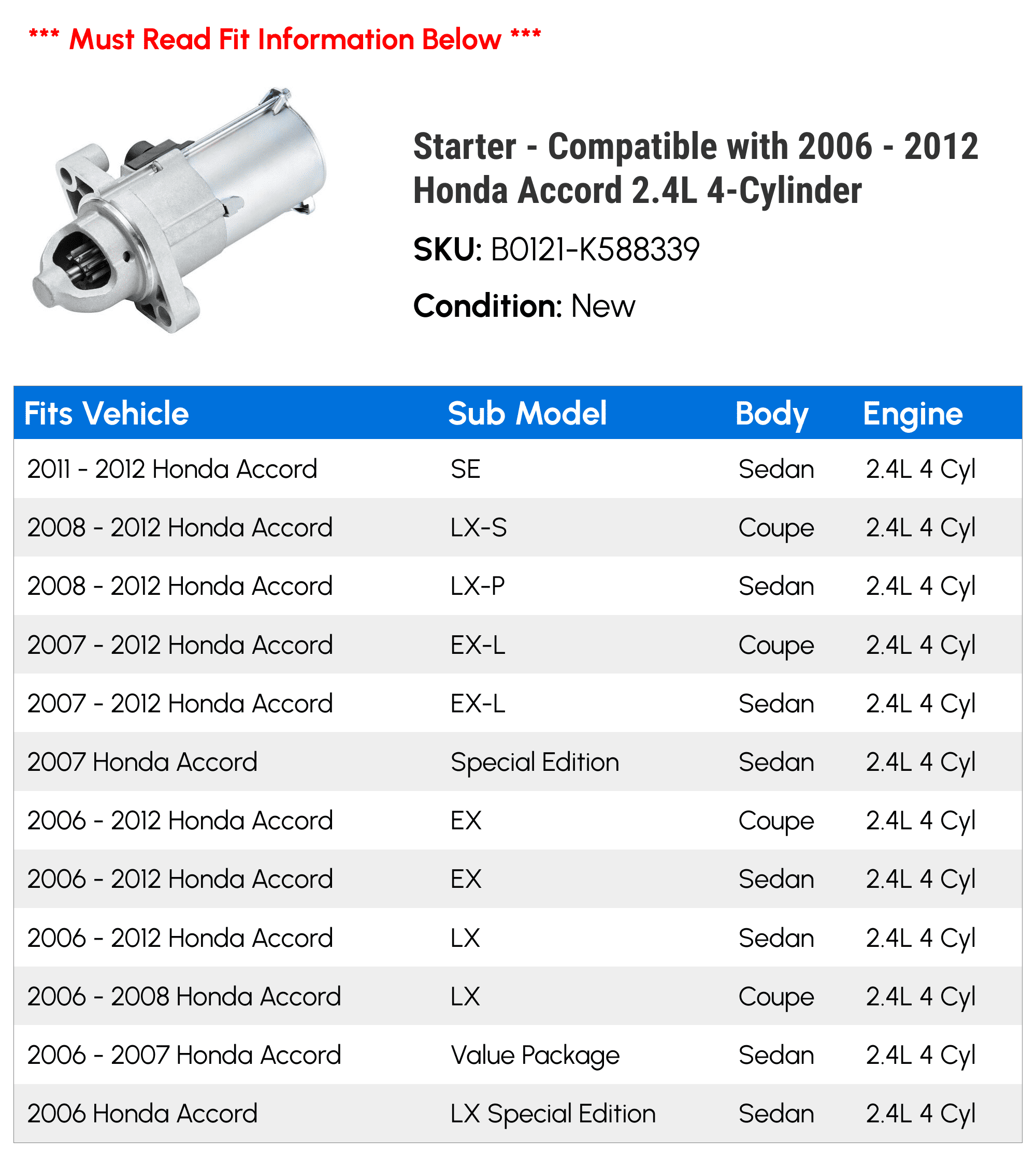 Starter - Compatible with 2006 - 2012 Honda Accord 2.4L 4-Cylinder 2007 2008 2009 2010 2011
