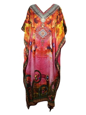 Mogul Women's Maxi Caftan Pink Floral Print Cover Up Kimono Kaftan Long Dresses One Size