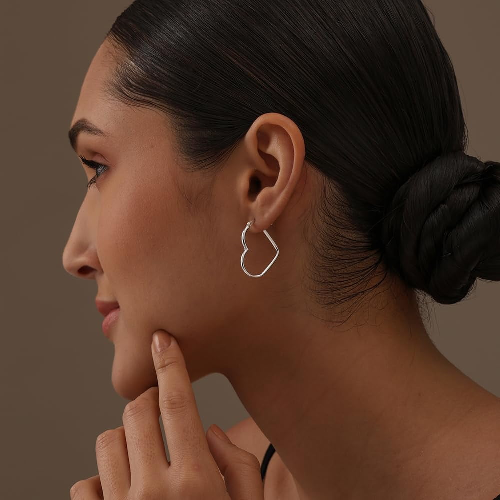 LeCalla Sterling Silver Hypoallergenic Heart Hoop Earrings, 23MM