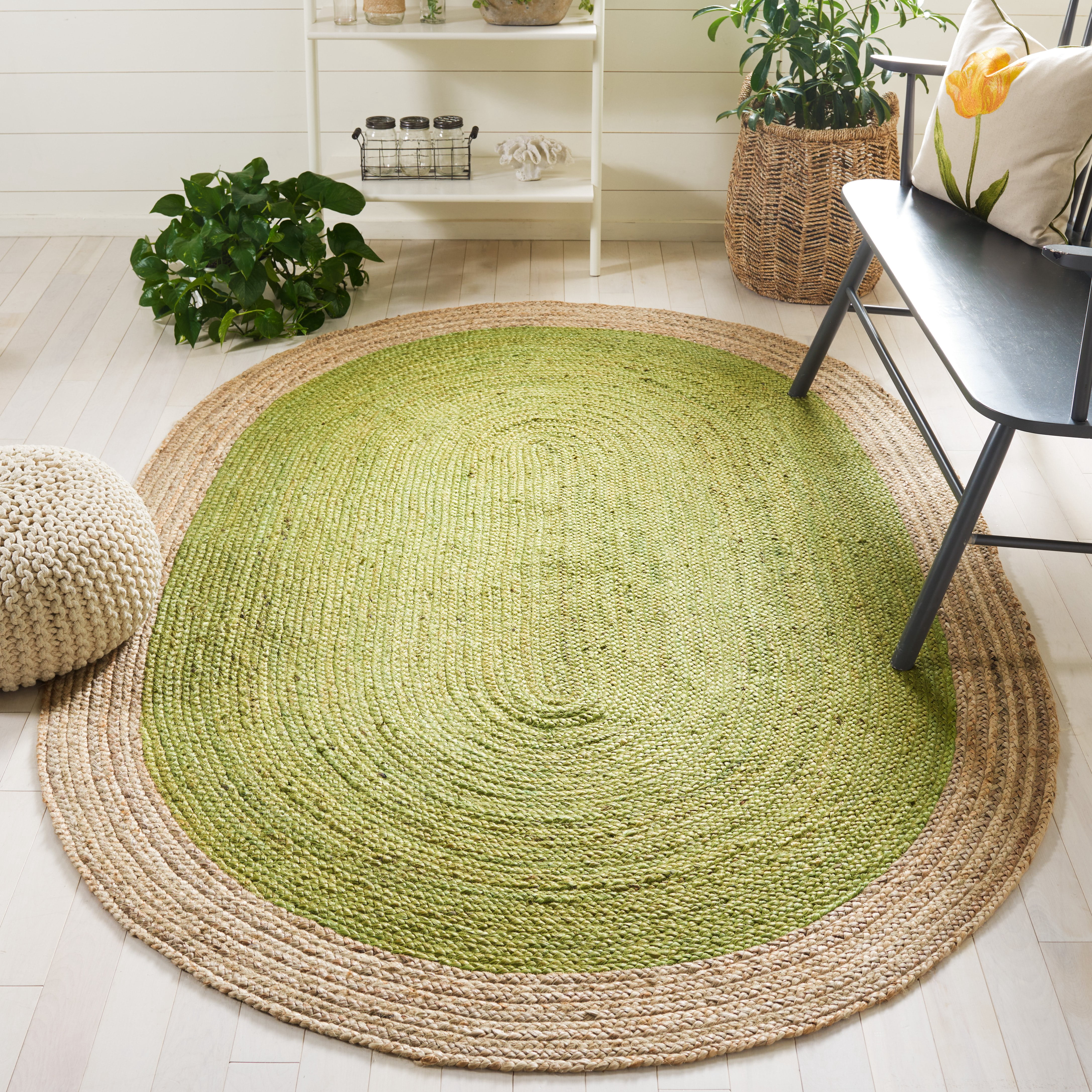 SAFAVIEH Natural Fiber Cebrail Geometric Area Rug, Green/Natural, 5' x 8' Oval