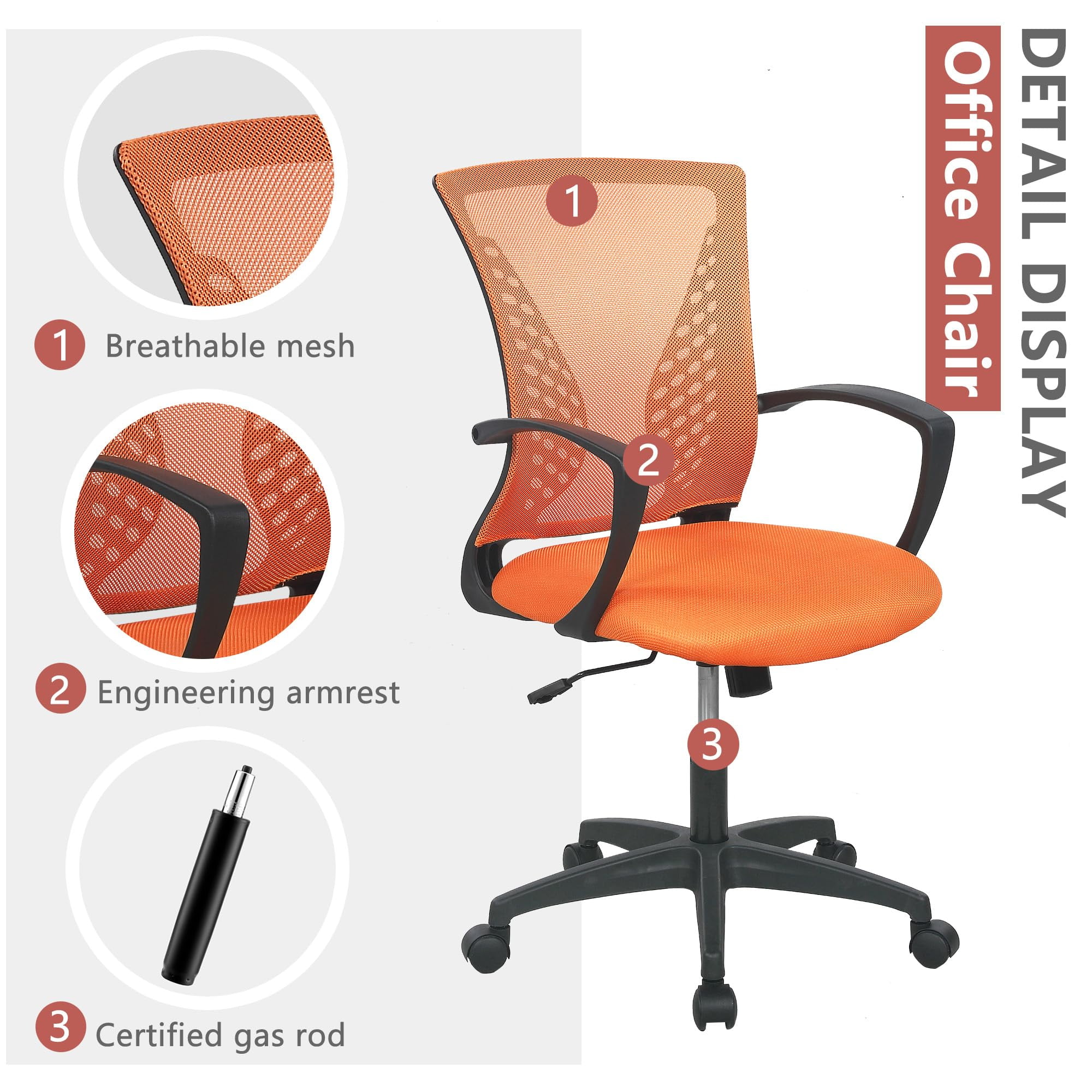 YRLLENSDAN Mesh Office Chair with Wheels Conference Room Chair Mesh Computer Chair for Adults 250lb Rolling Desk Chair with Arms Study Chair Adjustable Height,Orange