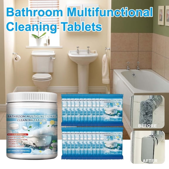 Tabletas para Limpiar Baños, Limpiador Efervescente con Desodorizante, Quitamanchas y Almohadillas de Limpieza, para Bañeras, Paredes y Desagües del Piso.