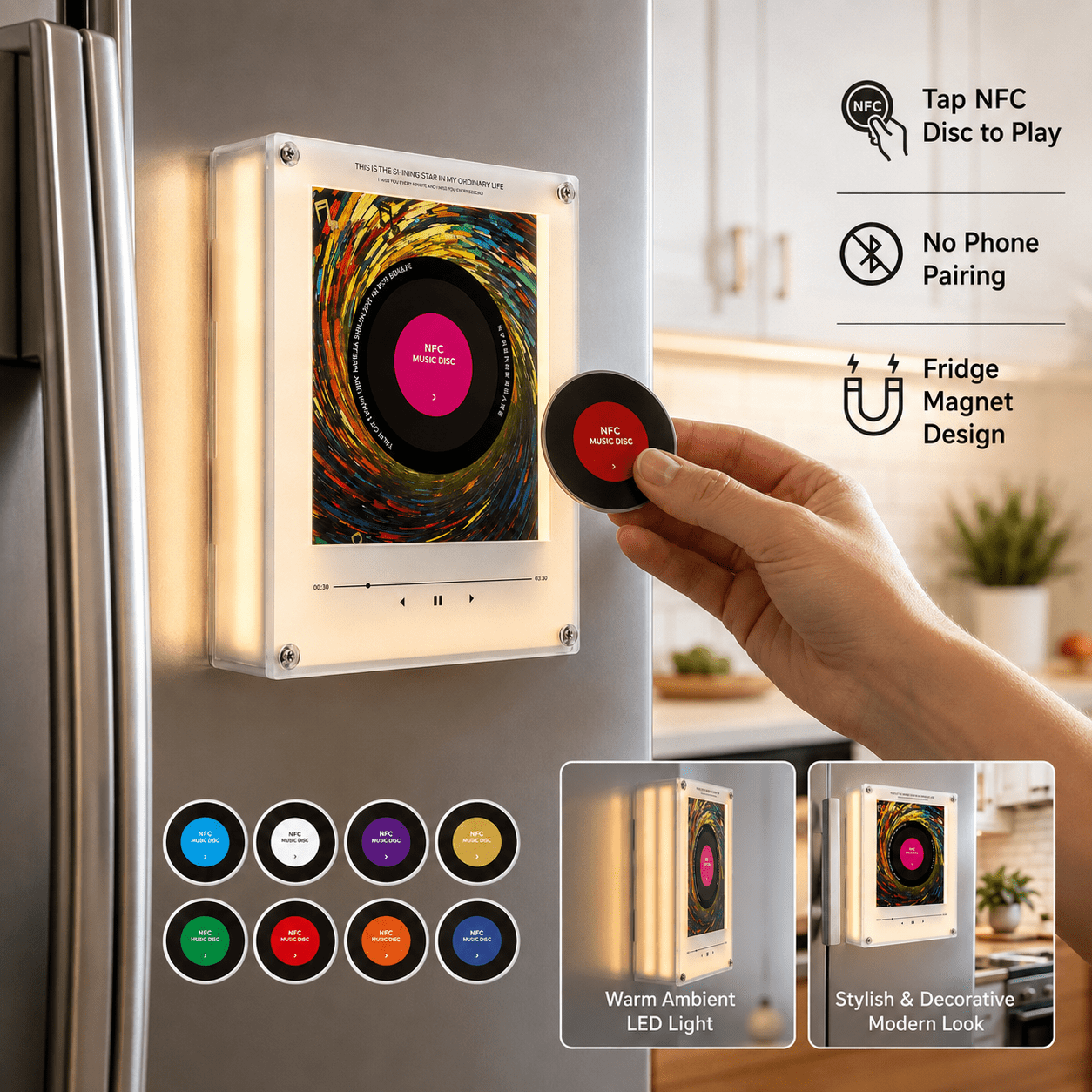 Magnetic Fridge Music Player, Refrigerator Magnet Record Player 9 PCS Custom Music Player NFC Enabled with LED Light, Unique Anniversary Birthday Gift