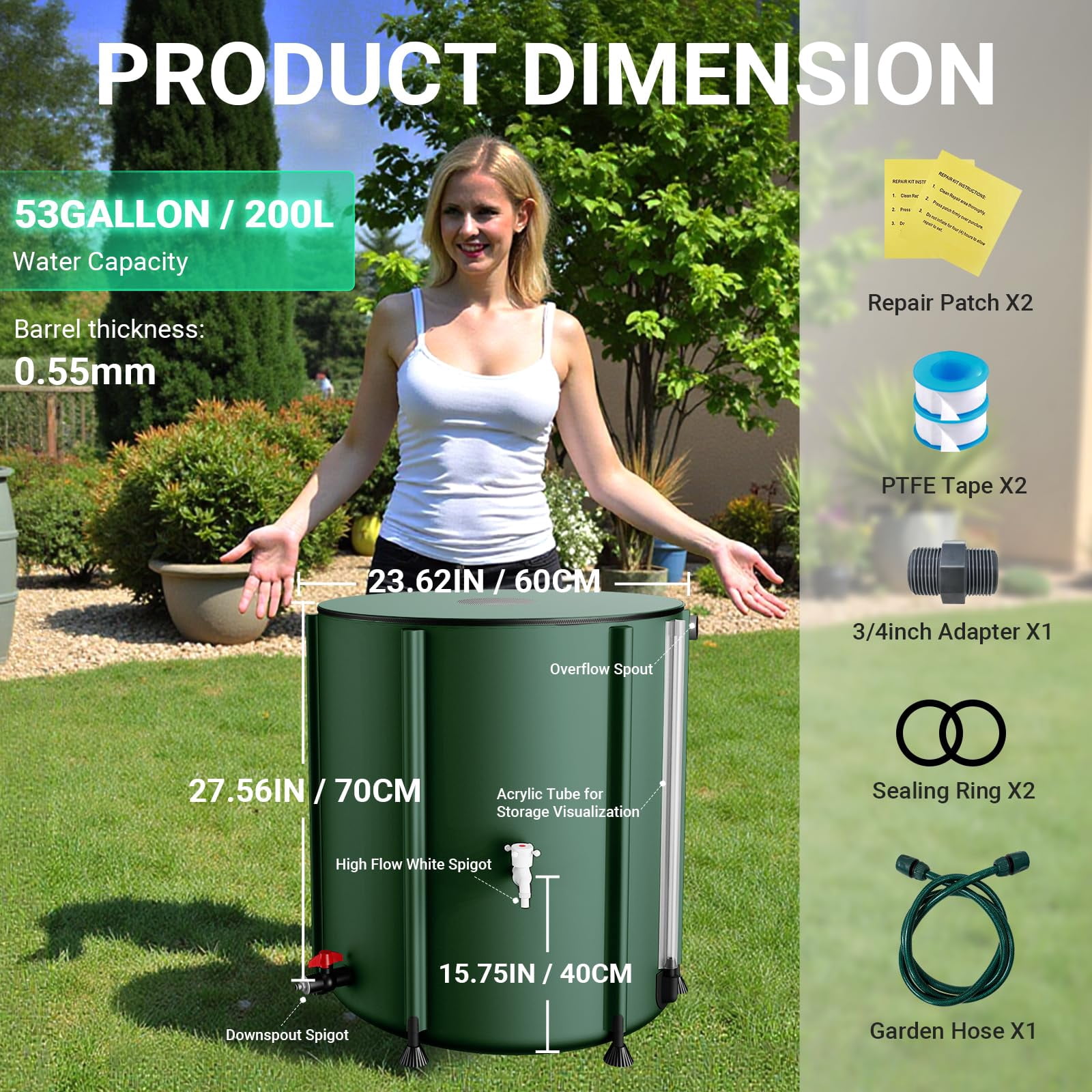 53 Gallon Collapsible Rain Barrel 1000D Rainwater Collection Storage Tank with Garden Hose