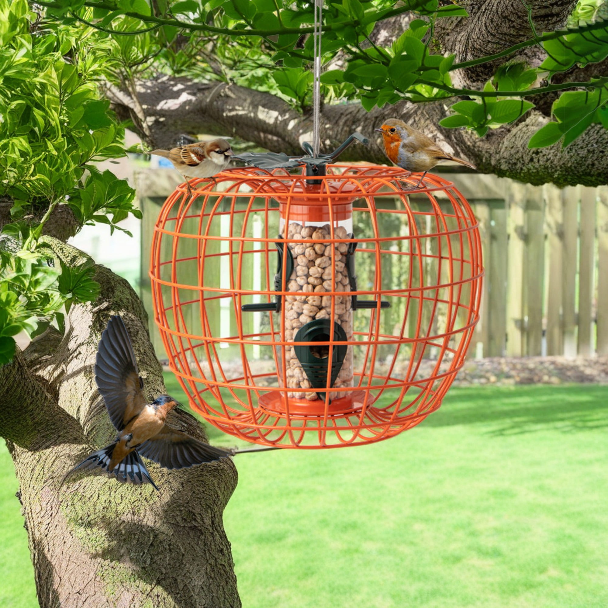 Kadyn 16" Metal Hanging Bird Feeder with Cage and 4 Metal Ports, Squirrel-proof Wild Bird Feeder for Outdoors, Orange