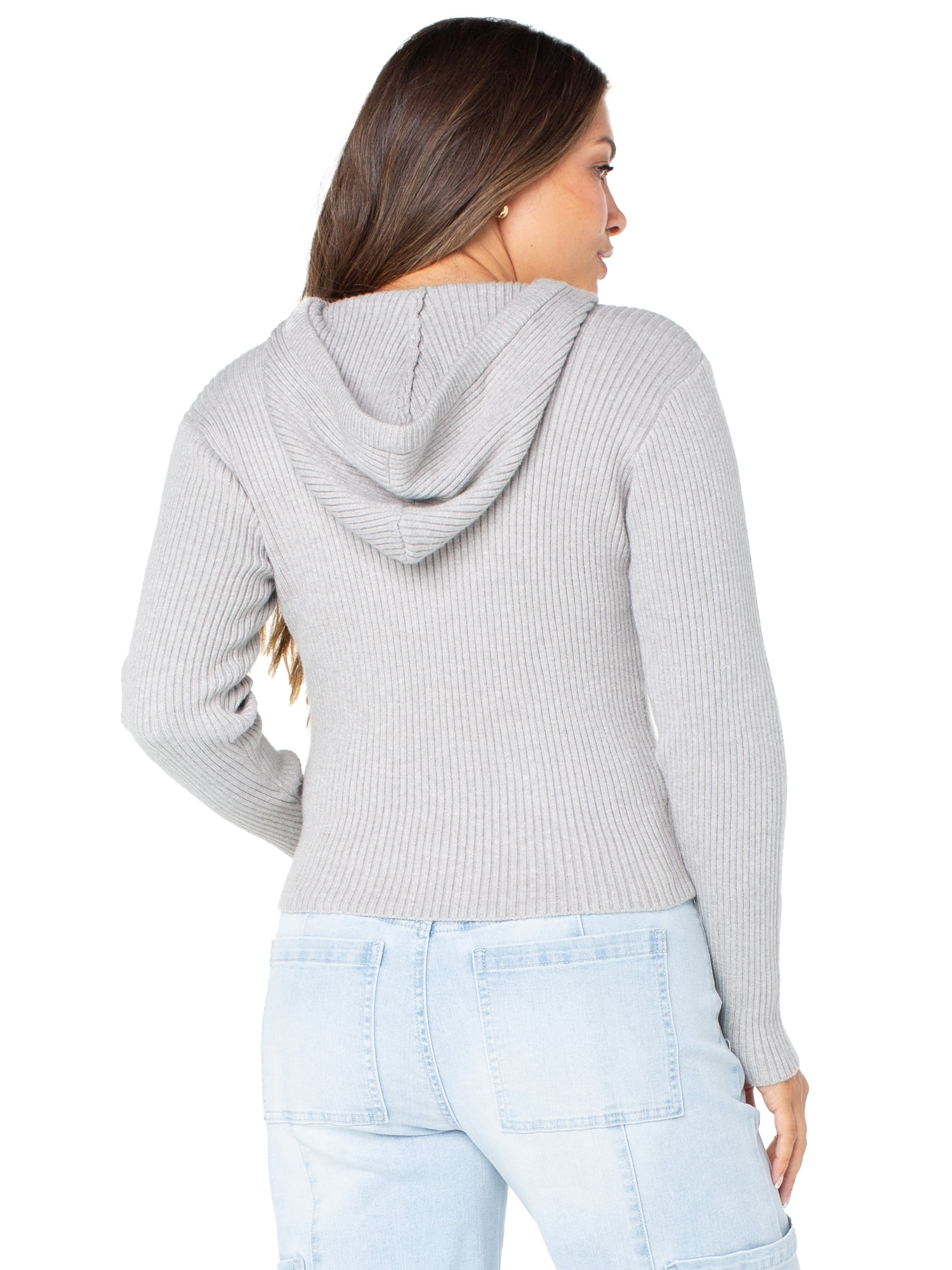 Celebrity Pink Zip Front Ribbed Sweater Hoodie, Women's