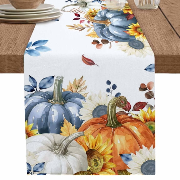 nqOlkjepod Fall Blue Pumpkin Table Runner 36 Inches Long Farmhouse Dress Scarves, Thanksgiving Sunflower Eucalyptus Dining Tablerunner for Coffee Table/Kitchen Island/Party Décor, Small 13" x 36"