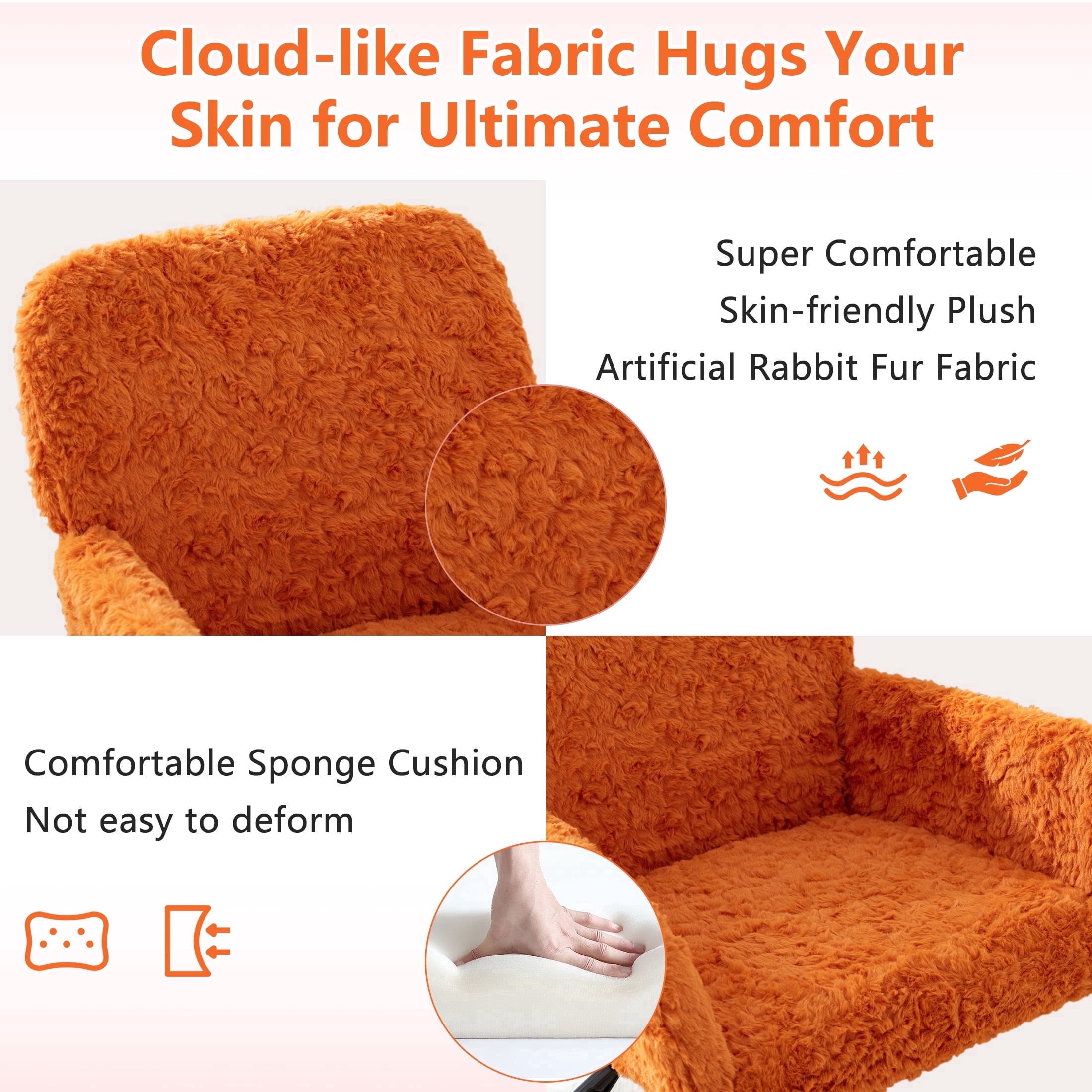 PAPROOS Vanity Chair with Back, Adjustable Swivel Makeup Desk Chair with Wheels and Arms, Fluffy Home Office Task Chair with Artificial Rabbit Hair for Bedroom, Dorm, Study Room, Orange