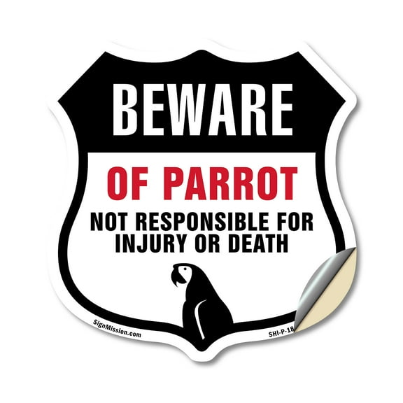 Beware Of Parrot Not Responsible For Injury Or Death (5 Pack) 4 inch X 4 inch Shield Shaped Heavy Duty 3.2 mil Vinyl Decals Weather Resistant Made in the USA