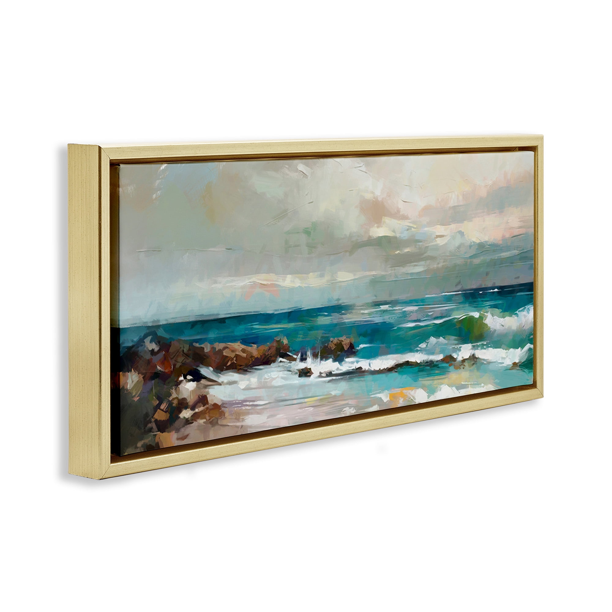 Stupell Industries Rocky Ocean Waves Landscape Painting Gold Floater Framed Canvas Art Print Wall Art, 25 x 11