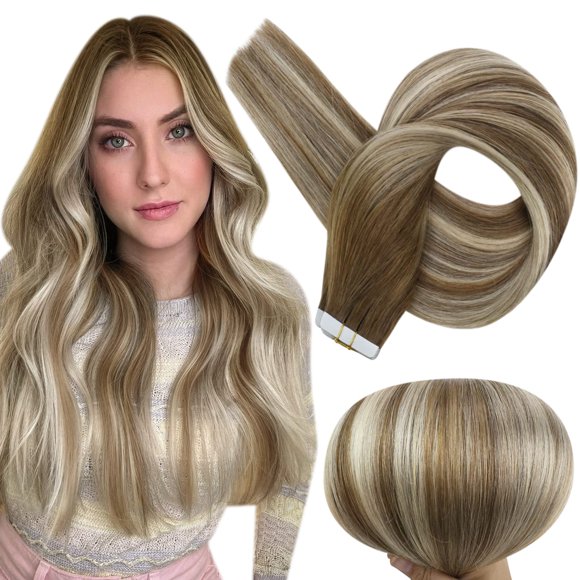 Full Shine Tape in Hair Extensions Real Human Hair 6/60/6 Glue in Extensions Brown Fading to Platinum Blonde Hair Extensions Balayage Tape in Extensions 12 Inch 30 Grams