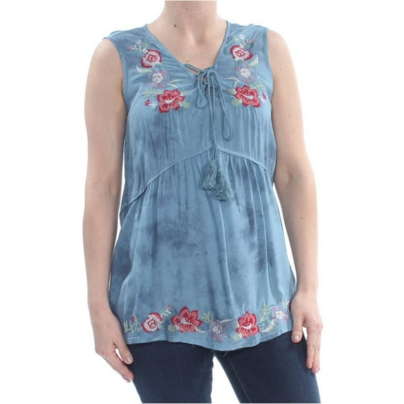 Vintage America Womens Floral Embroidered Sleeveless Blouse Top, Blue, Small