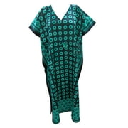 Mogul Womens Kimono Caftan Green Printed Beach Maxi Kaftan Bohemian House Dress