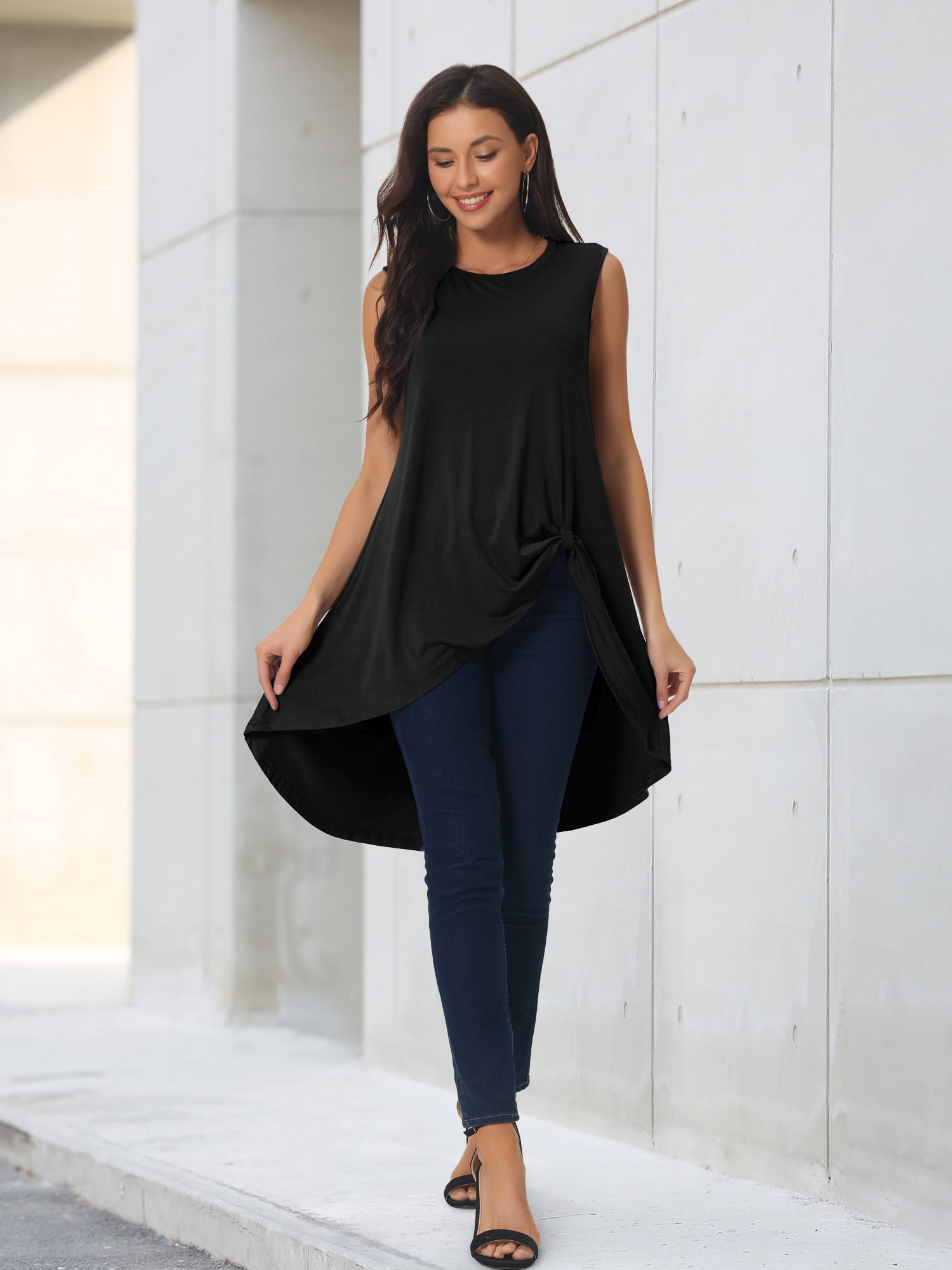 DARING DIVA Women's High Low Hem Crew Neck Sleeveless Tunic Top Black L