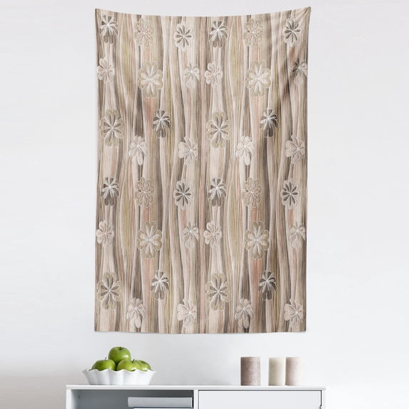 Floral Tapestry, Flourishing Spring Flowers Wavy Stripes Vintage Romantic Design, Fabric Wall Hanging Decor for Bedroom Living Room Dorm, 5 Sizes, Dark Brown Sand Brown, by Ambesonne