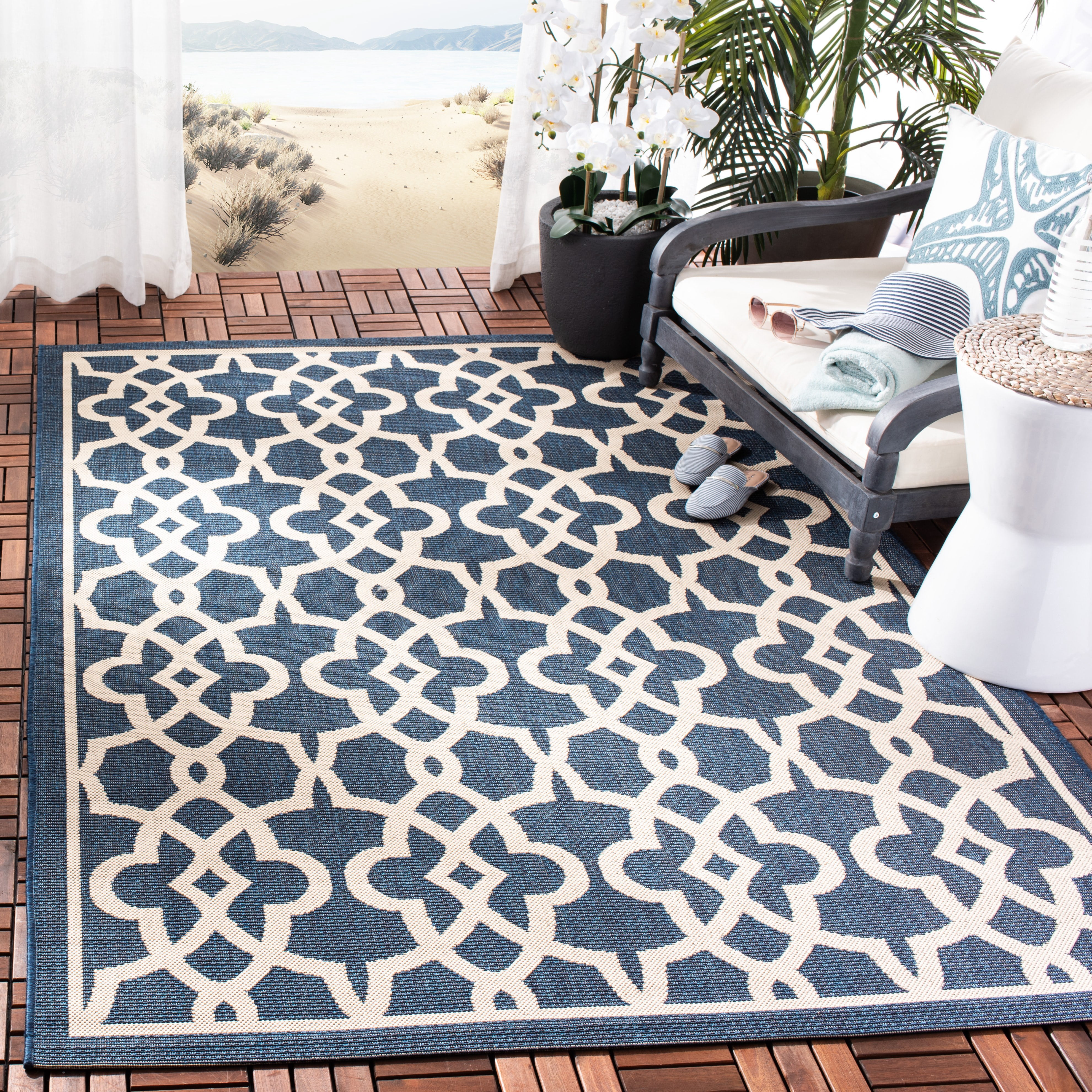 Safavieh Courtyard Carlos Oriental Indoor/Outdoor Area Rug, Navy/Beige, 6'7" x 9'6"