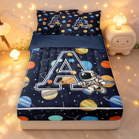 Manfei Cartoon Astronaut Letter A Zipper Twin Comforter Sets with Fitted Sheet and 2 Pillowcases,Celestial Space Planets Zipper Bedding Set,Navy Blue Reversible,4pcs