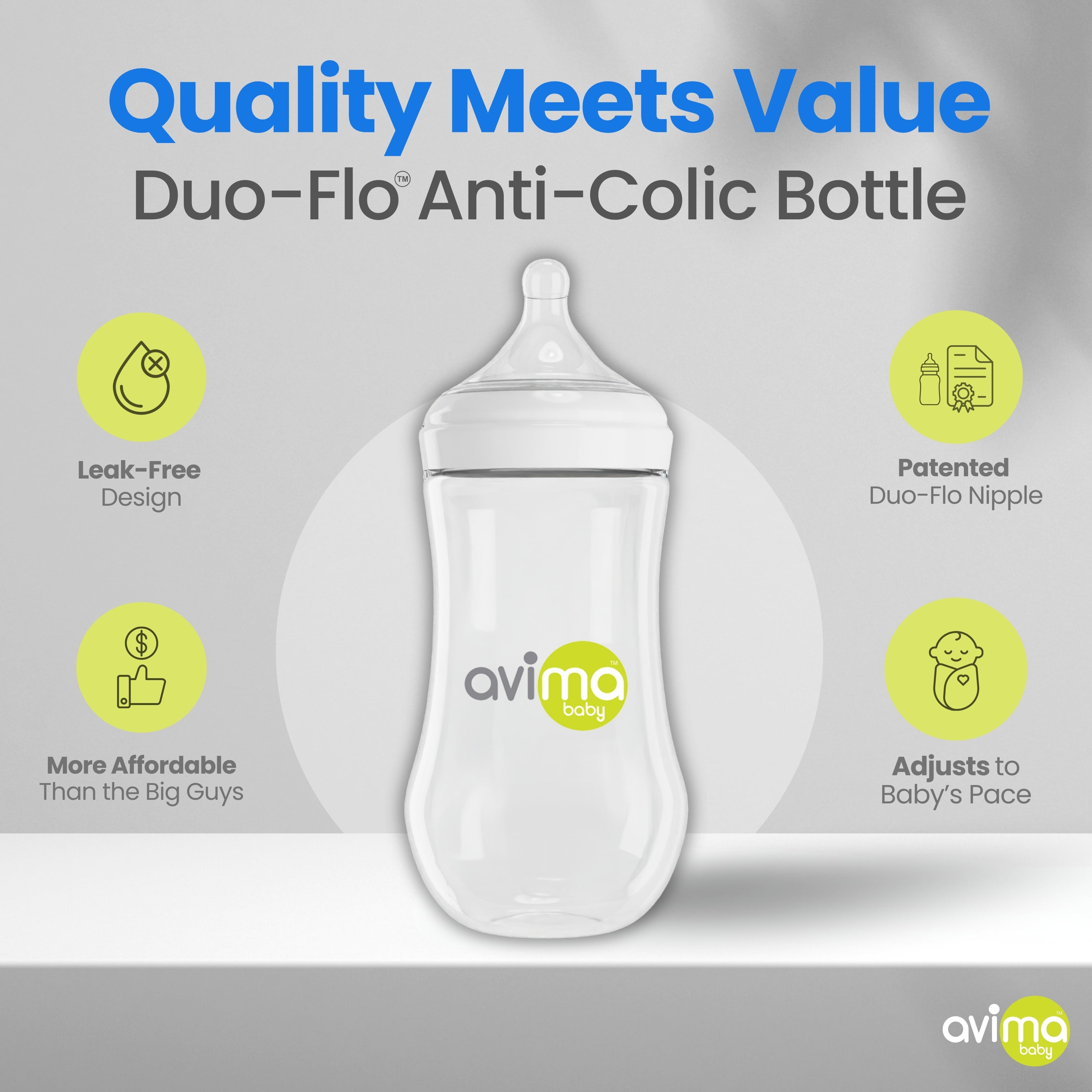 Avima Anti-Colic Baby Bottle, BPA-Free, Wide Neck, Fast Flow, 12 oz, Stage 3, 6 Pack