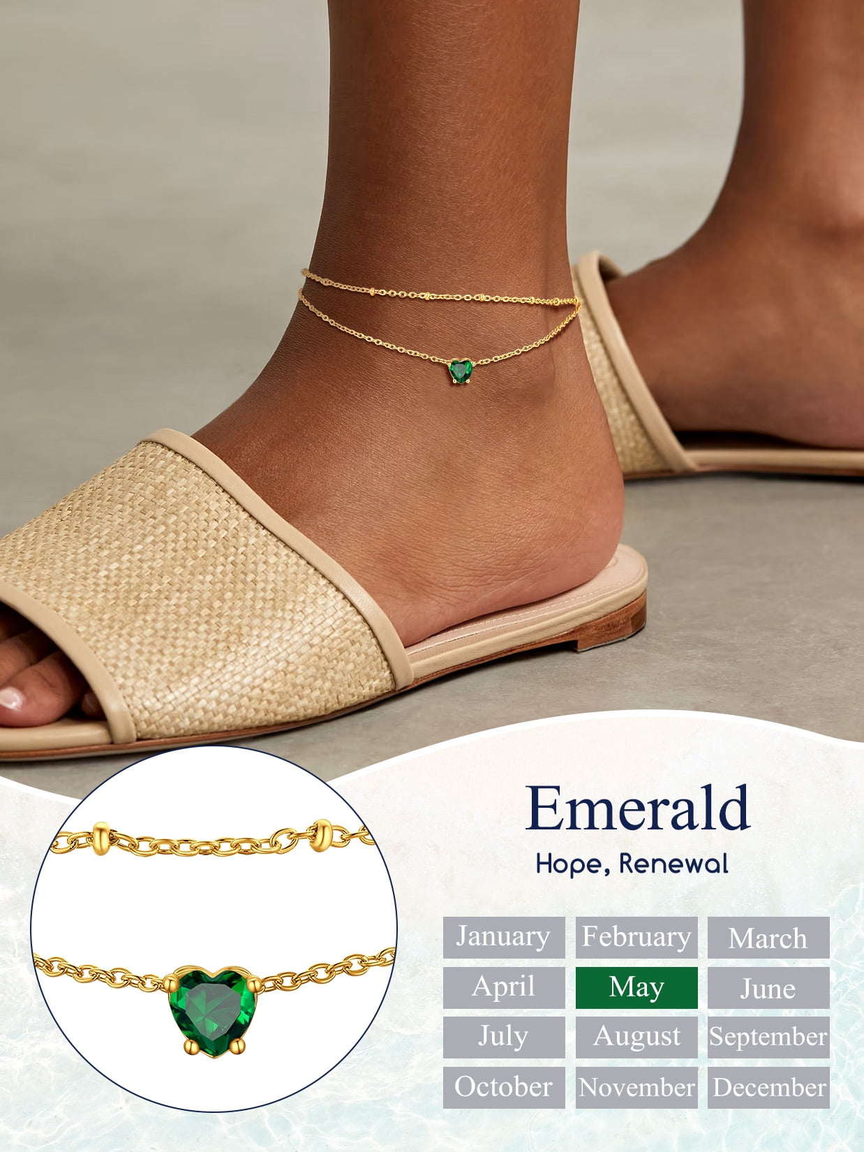 Suplight 925 Stelring Silver Birthstone Crystal Anklet Double Layered Ankle Chain Bracelets for Women