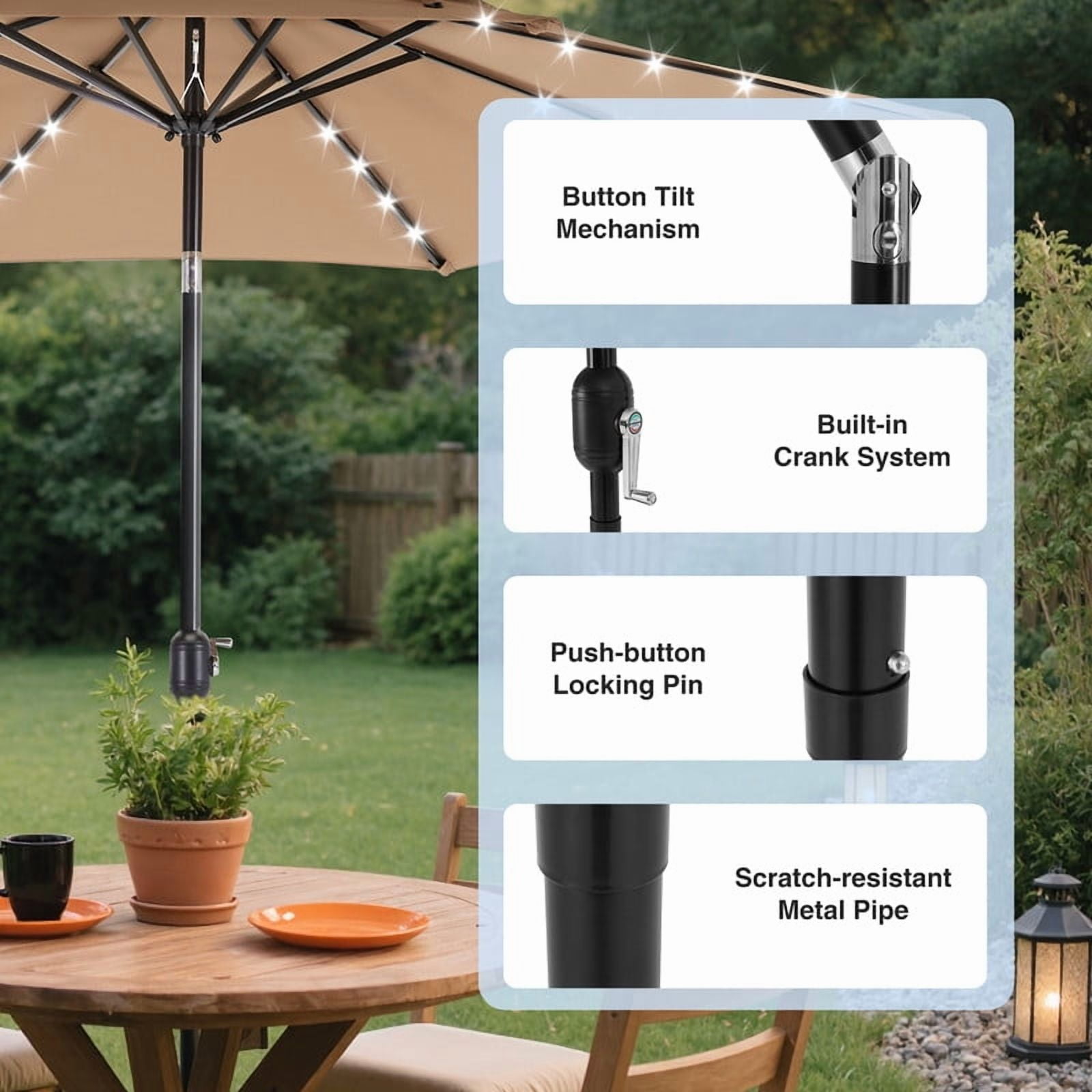 Gianna 10ft Solar Polyester 32 LED Lighted Patio Umbrella with Tilt Adjustment and UV-Resistant Fabric,Khaki-1