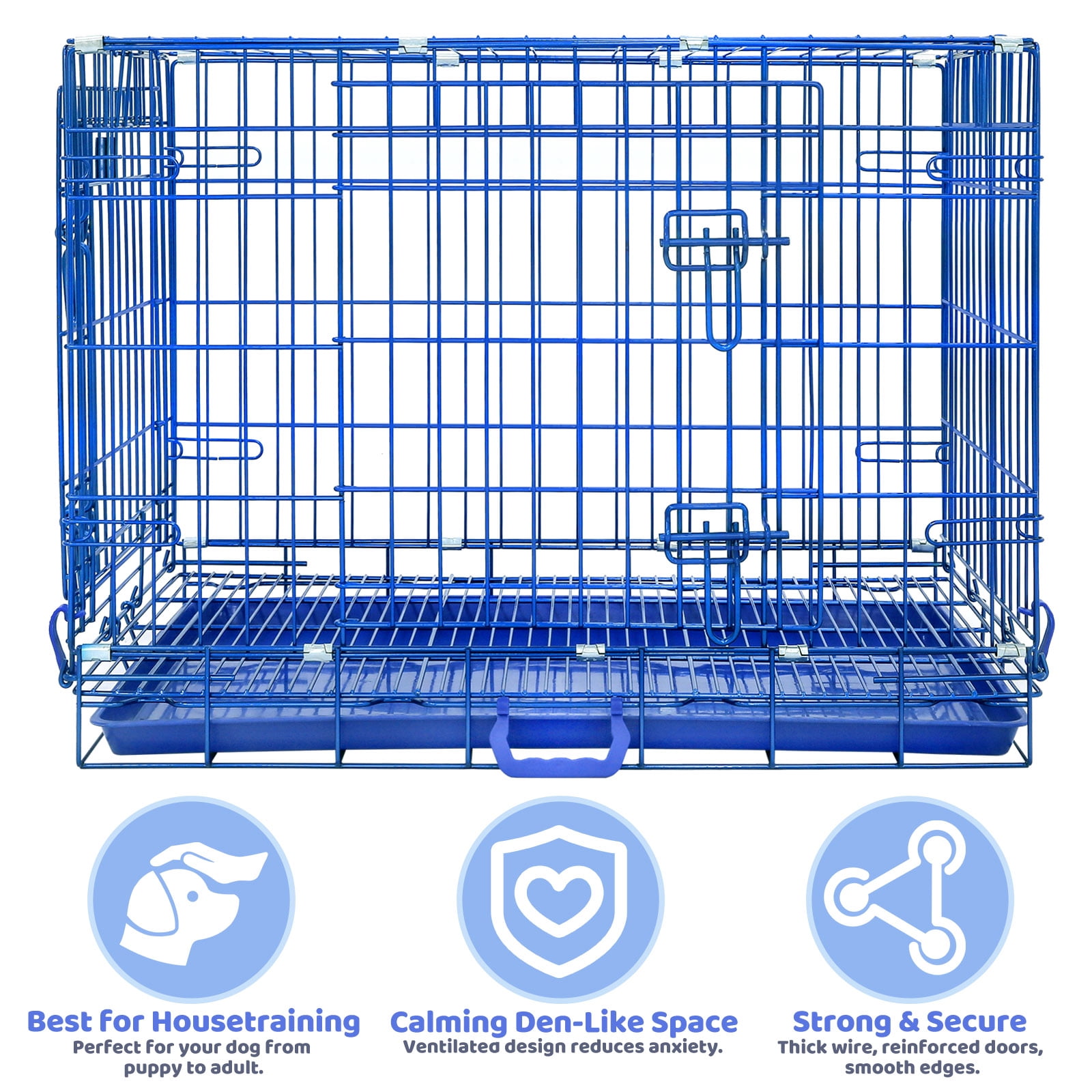 Homey Pet 30 Inch Medium Dog Crate, Royal Blue Dog Cage Small, Foldable Inside Dog Kennel Nano-Coated Metal Wire Dog Crates with Removable Floor Grid Tray, Double Doors Dual Locks, Portable Handle