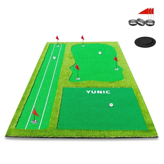 YUNIC 16 ft x 8 ft Golf Putting Green with Elevation Slope – Premium Nylon Professional Training Mat (5-Hole) for Home, Garage, Office & Outdoor Practice