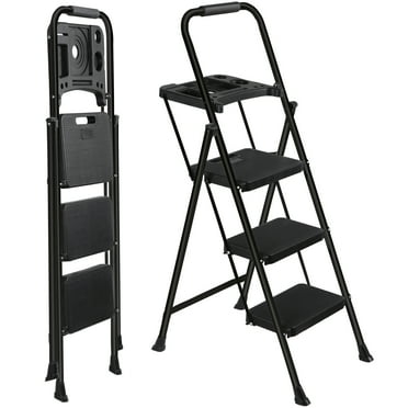 SSyao 3 Step Ladder Folding Steel Ladder with Non-Slip Wide Pedal and Tool Tray Black